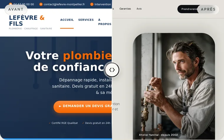 Comparateur du cas Lefèvre & Fils : à gauche le thème WordPress bleu et orange de 2017 ; à droite la version refondue, plus sobre, avec les tarifs affichés.