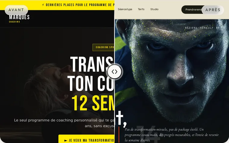 Comparateur du cas Léo Marquès : à gauche la page fitness jaune et noire avec bandeau d'urgence ; à droite la version refondue, sobre, avec la méthode expliquée.